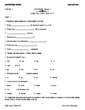 Đề kiểm tra giữa học kỳ 2 môn Tiếng Anh Lớp 4 - Nguyễn Công Thành